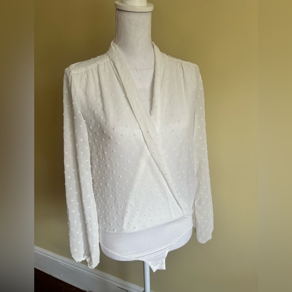 Love Tree White Textured Bodysuit Blouse
